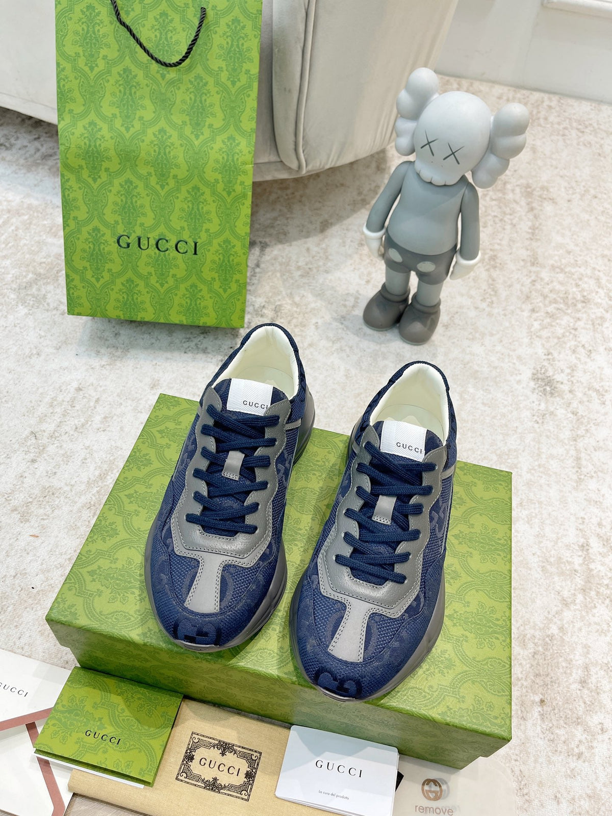 Gucci 2026 GG Supreme Rhyton Sneakers Navy Blue Gray Cowhide 988662