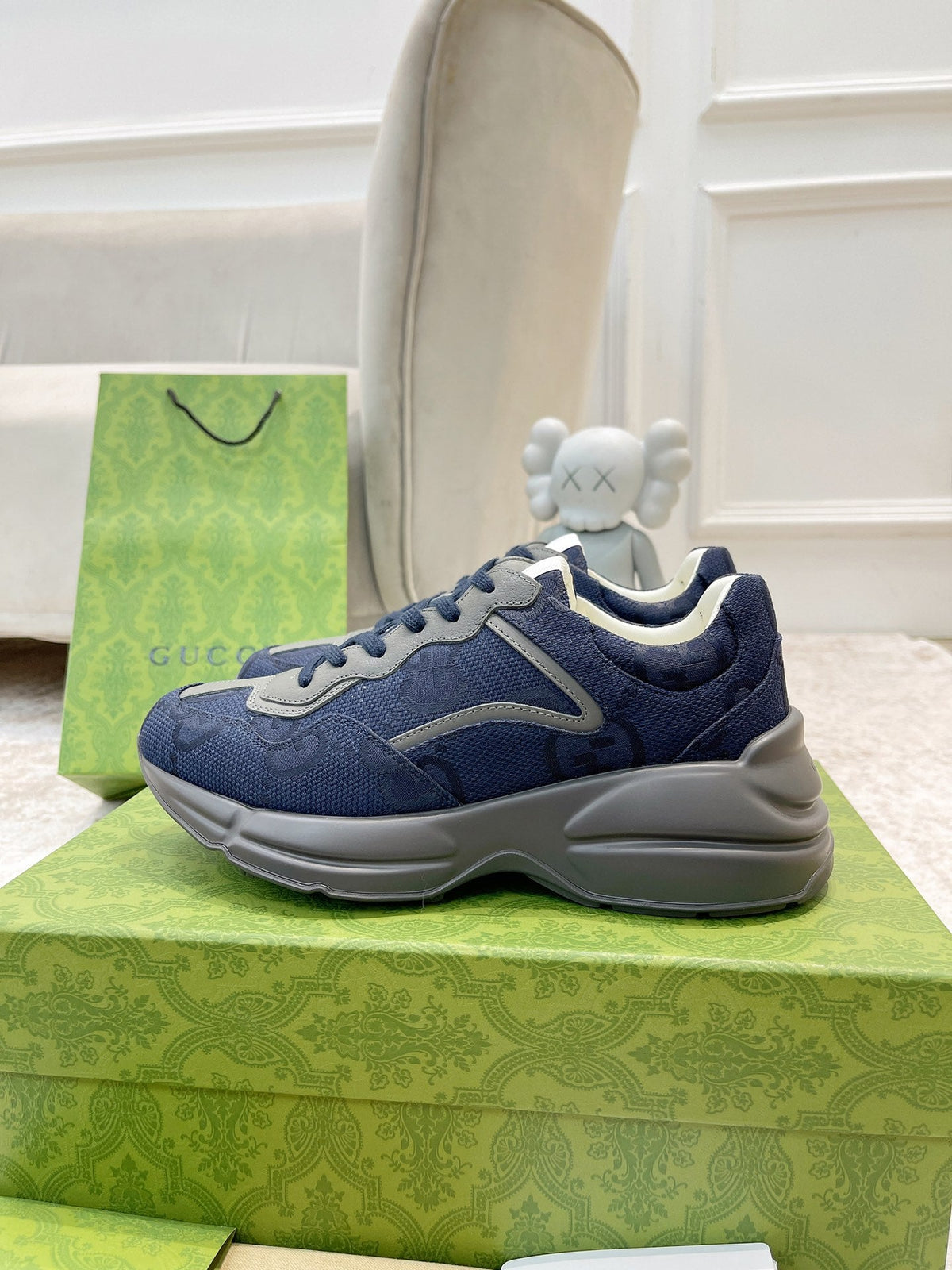 Gucci 2026 GG Supreme Rhyton Sneakers Navy Blue Gray Cowhide 988662