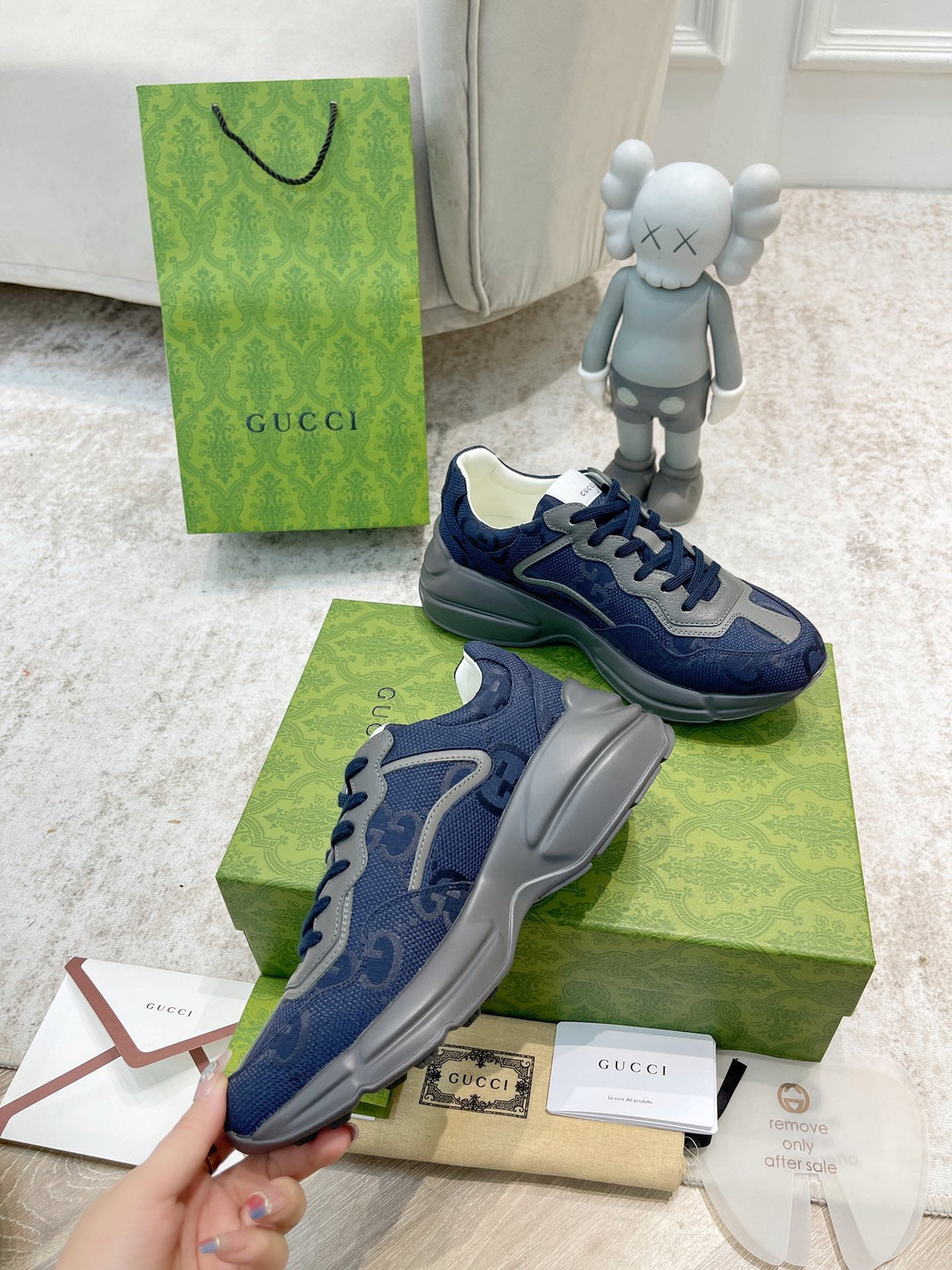 Gucci 2026 GG Supreme Rhyton Sneakers Navy Blue Gray Cowhide 988662