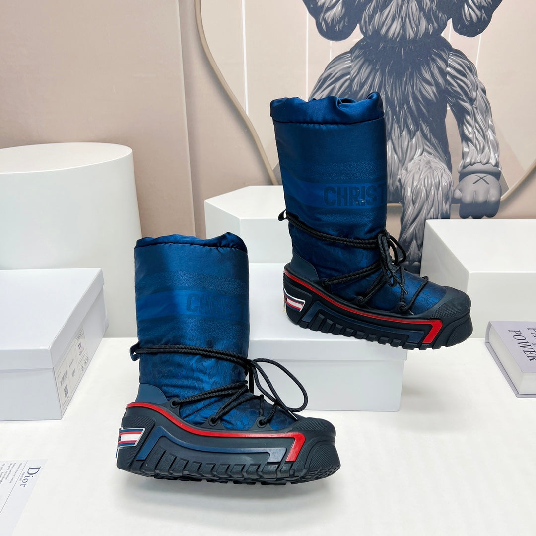 CD Platform Snow Boots Dark Blue Cowhide Nylon Fabric 539653