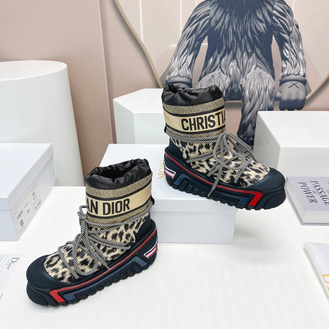 CD Snow Ankle Boots Black Beige Cowhide Nylon Fabric 539662