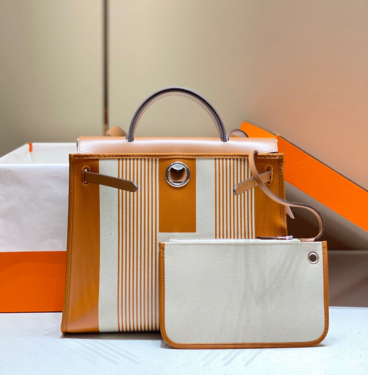 Herbag 31 Toile White Gold Canvas Gold Cowhide Leather