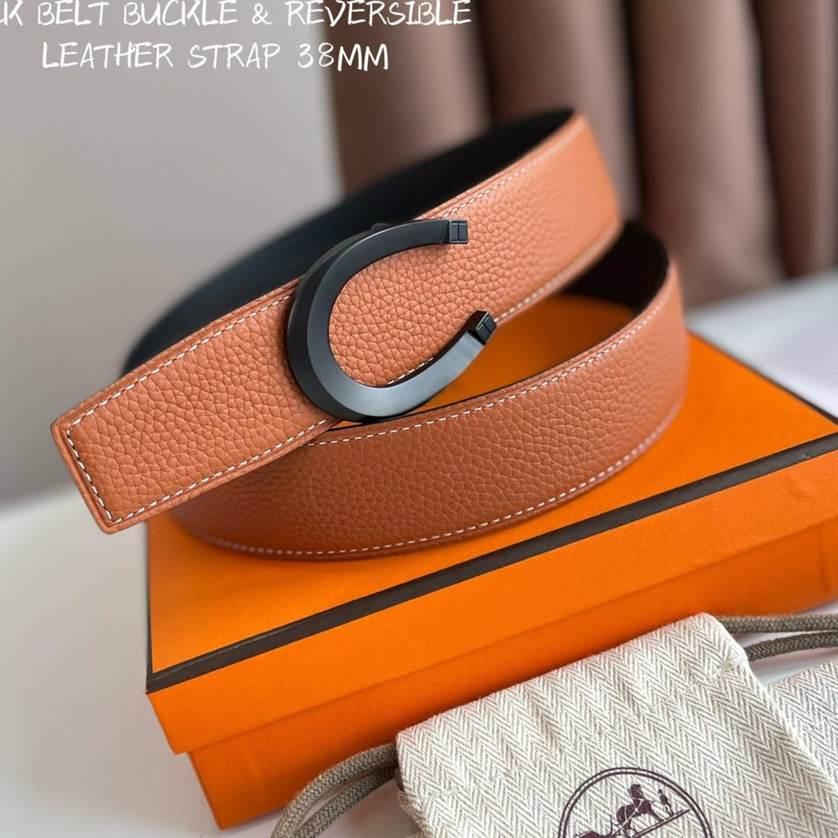 LUCK BELT BUCKLE & REVERSIBLE GINGER ORANGE LEATHER STRAP 38MM BLACK HARDWARE