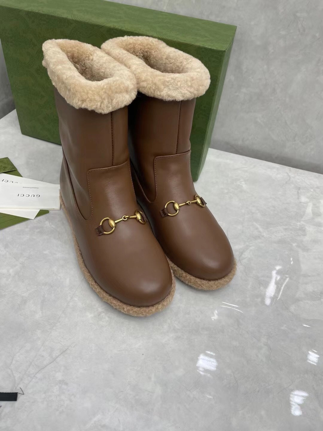 Gucci 2025 Boot Brown Beige Sheepskin Wool 564790