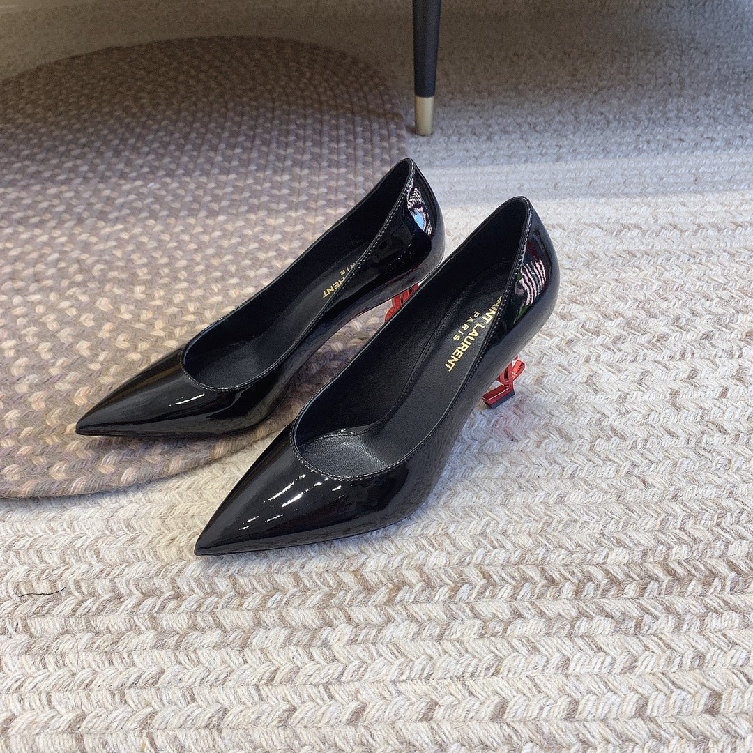 OPYUM RED HEEL PUMPS IN BLACK GLOSSY CALFSKIN
