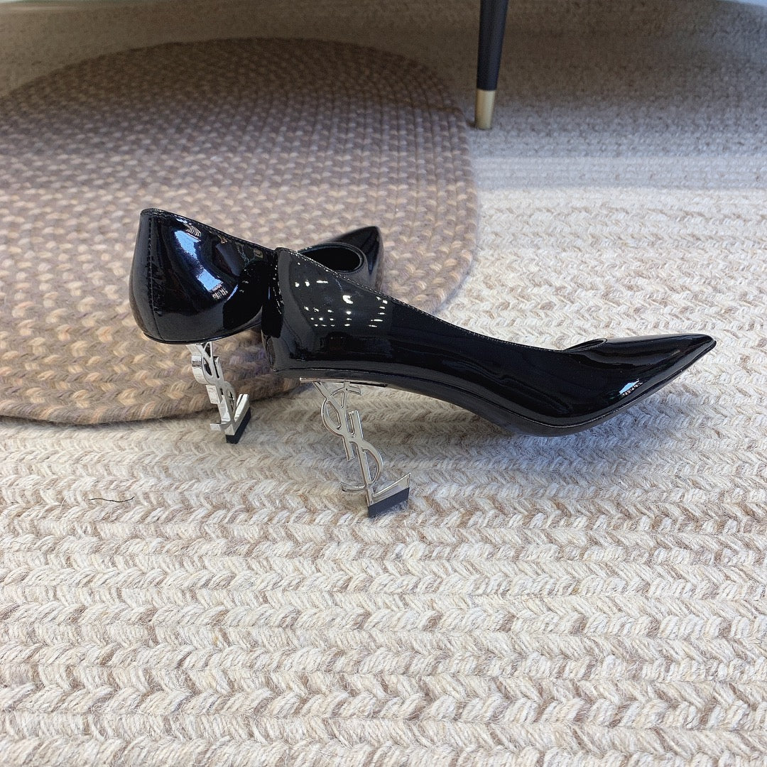 OPYUM SILVER HEEL PUMPS IN BLACK GLOSSY CALFSKIN