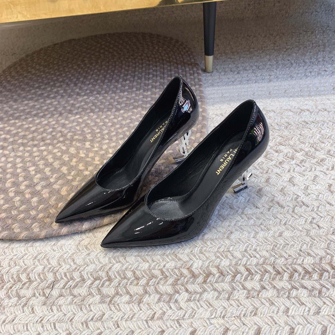 OPYUM SILVER HEEL PUMPS IN BLACK GLOSSY CALFSKIN