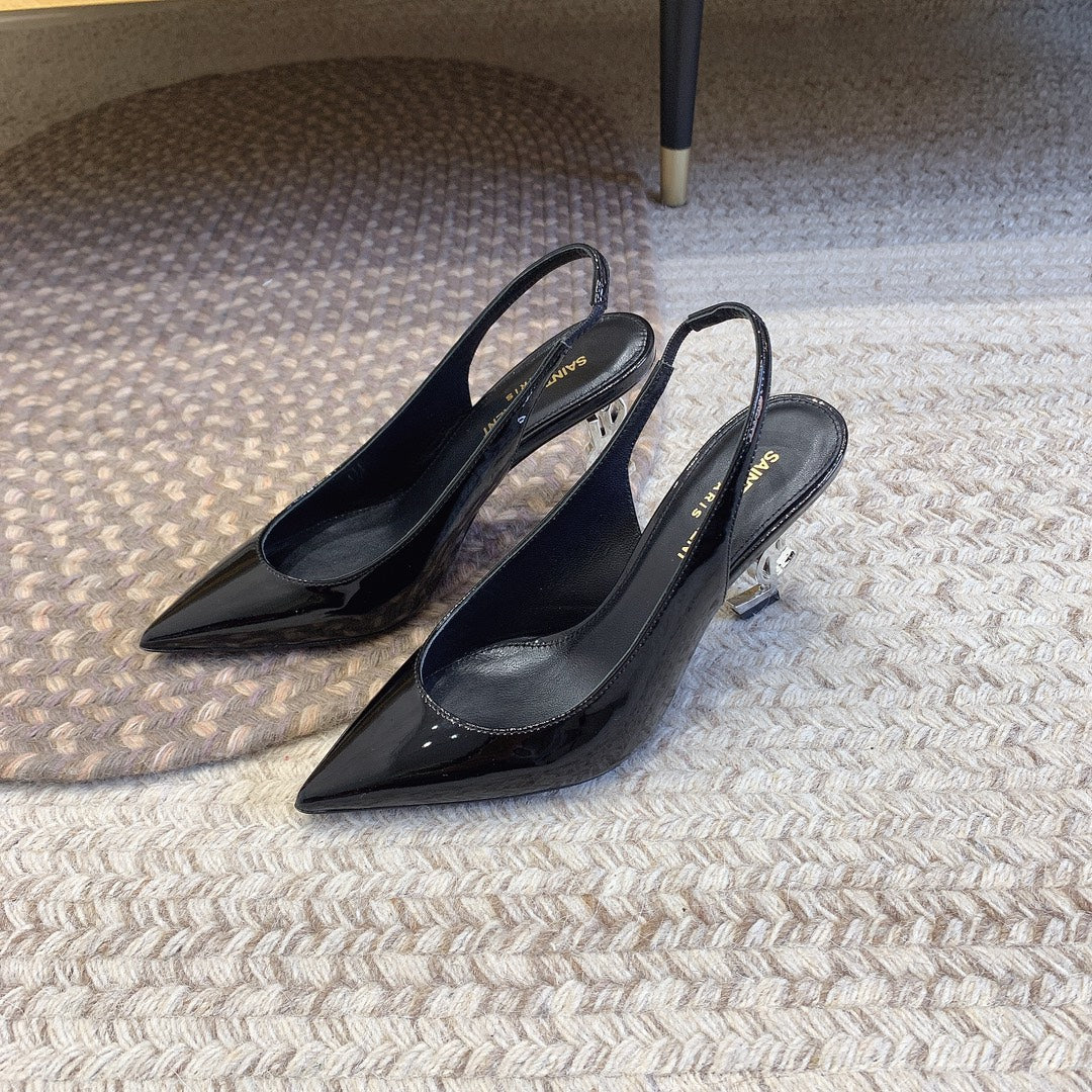 OPYUM SILVER HEEL SLINGBACK PUMPS IN BLACK GLOSSY CALFSKIN