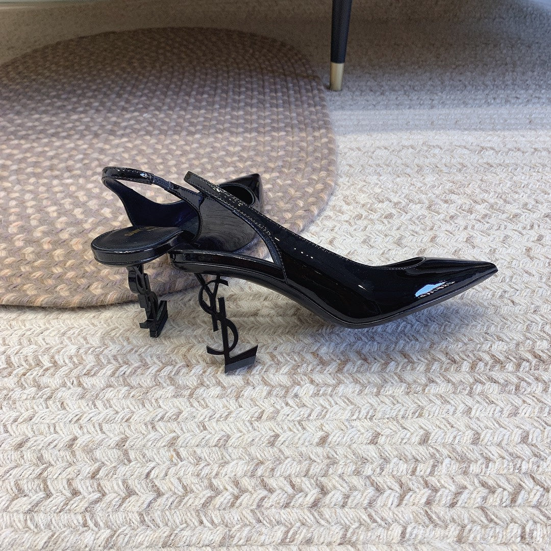 OPYUM BLACK HEEL SLINGBACK PUMPS IN BLACK GLOSSY CALFSKIN