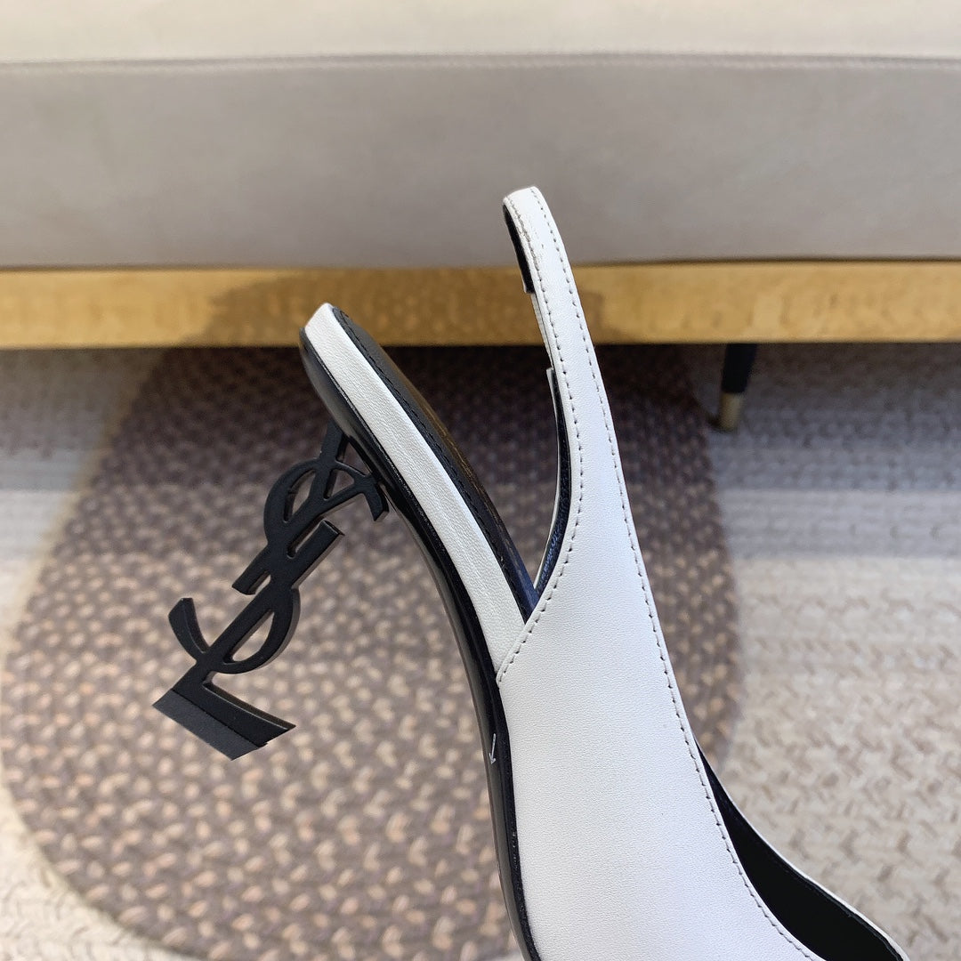 OPYUM BLACK HEEL SLINGBACK PUMPS IN WHITE SMOOTH LAMBSKIN