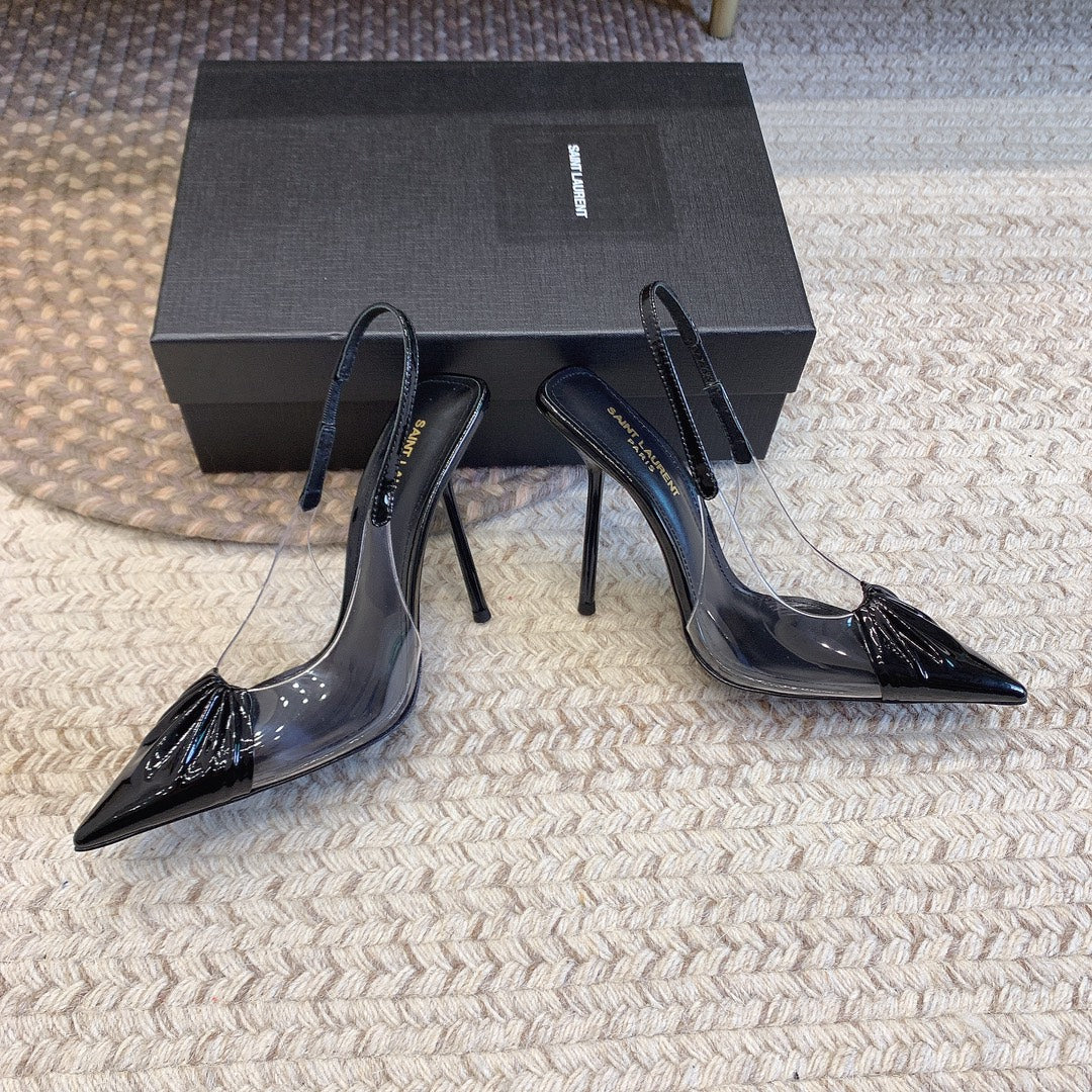 HIGH SLINGBACK IN BLACK GLOSSY CALFSKIN SPLICED WITH TPU