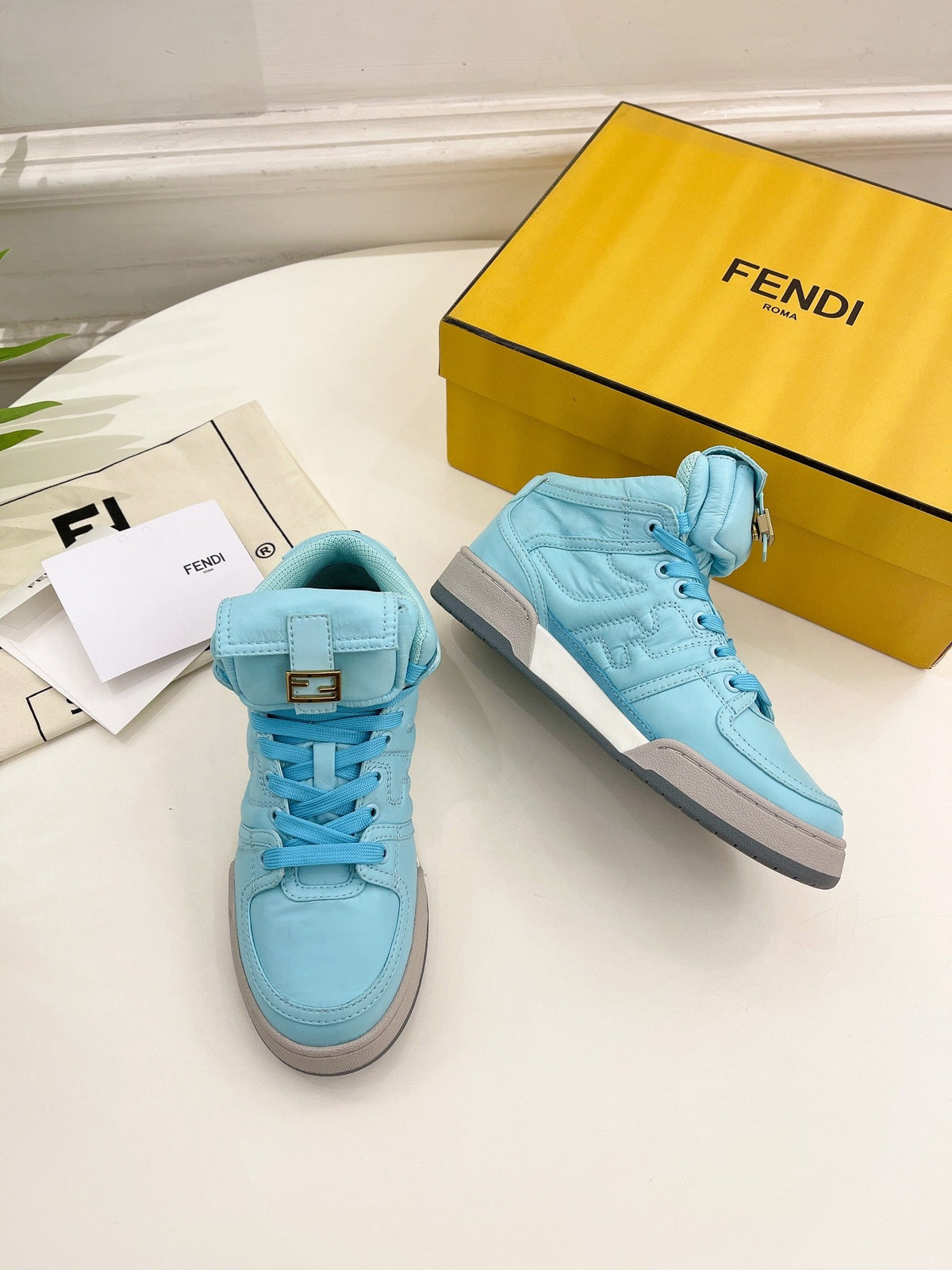 FENDI LOGO SOCK SNEAKER BOOTS IN SKY BLUE LAMBSKIN