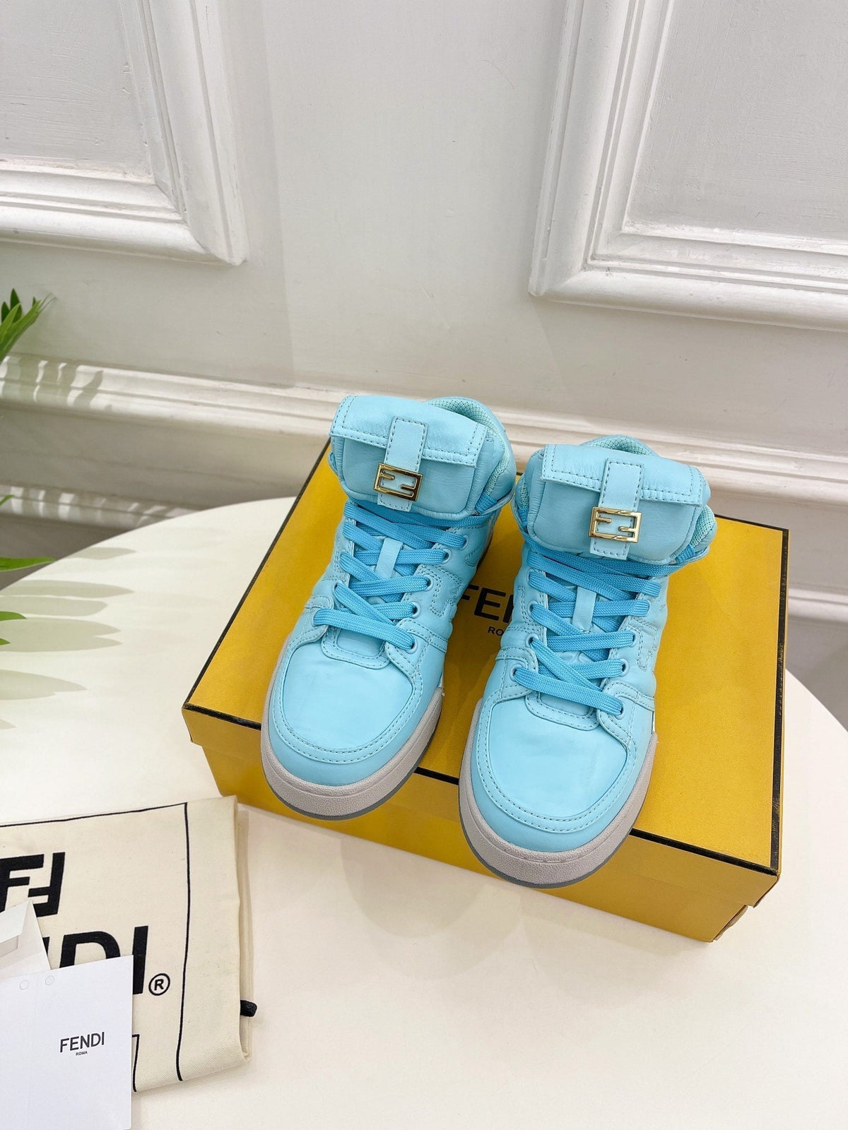 FENDI LOGO SOCK SNEAKER BOOTS IN SKY BLUE LAMBSKIN