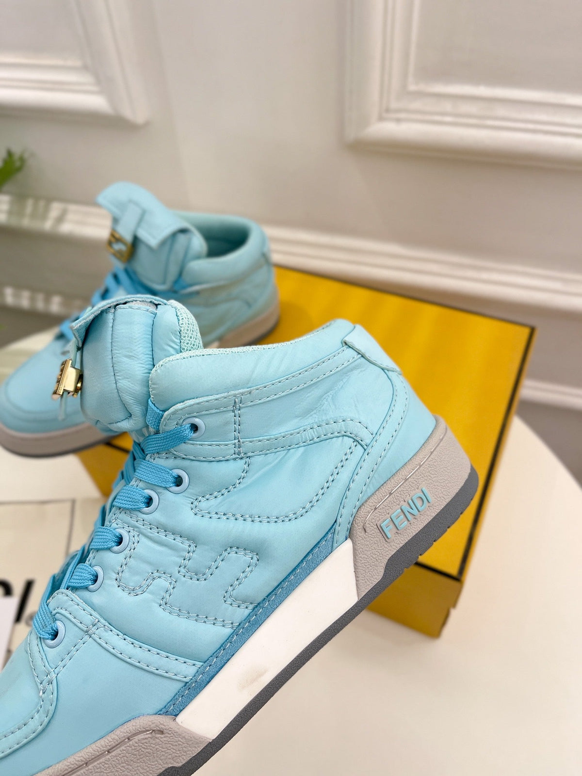 FENDI LOGO SOCK SNEAKER BOOTS IN SKY BLUE LAMBSKIN