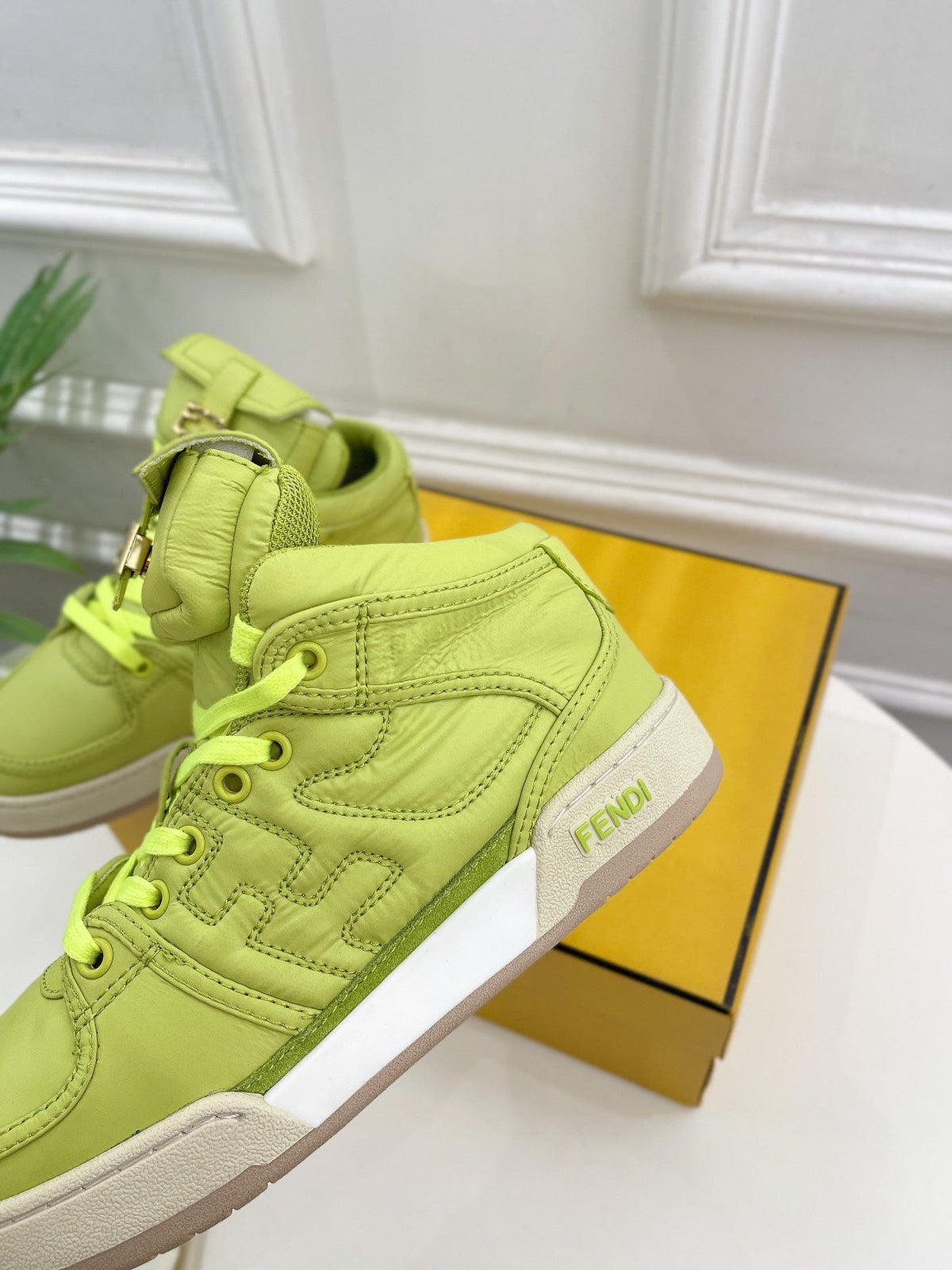 FENDI LOGO SOCK SNEAKER BOOTS IN YELLOWISH GREEN LAMBSKIN