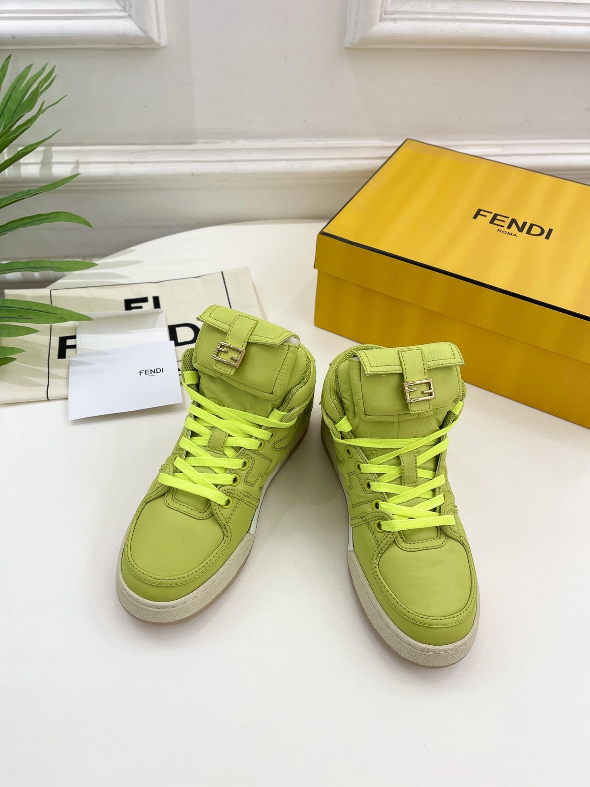FENDI LOGO SOCK SNEAKER BOOTS IN YELLOWISH GREEN LAMBSKIN