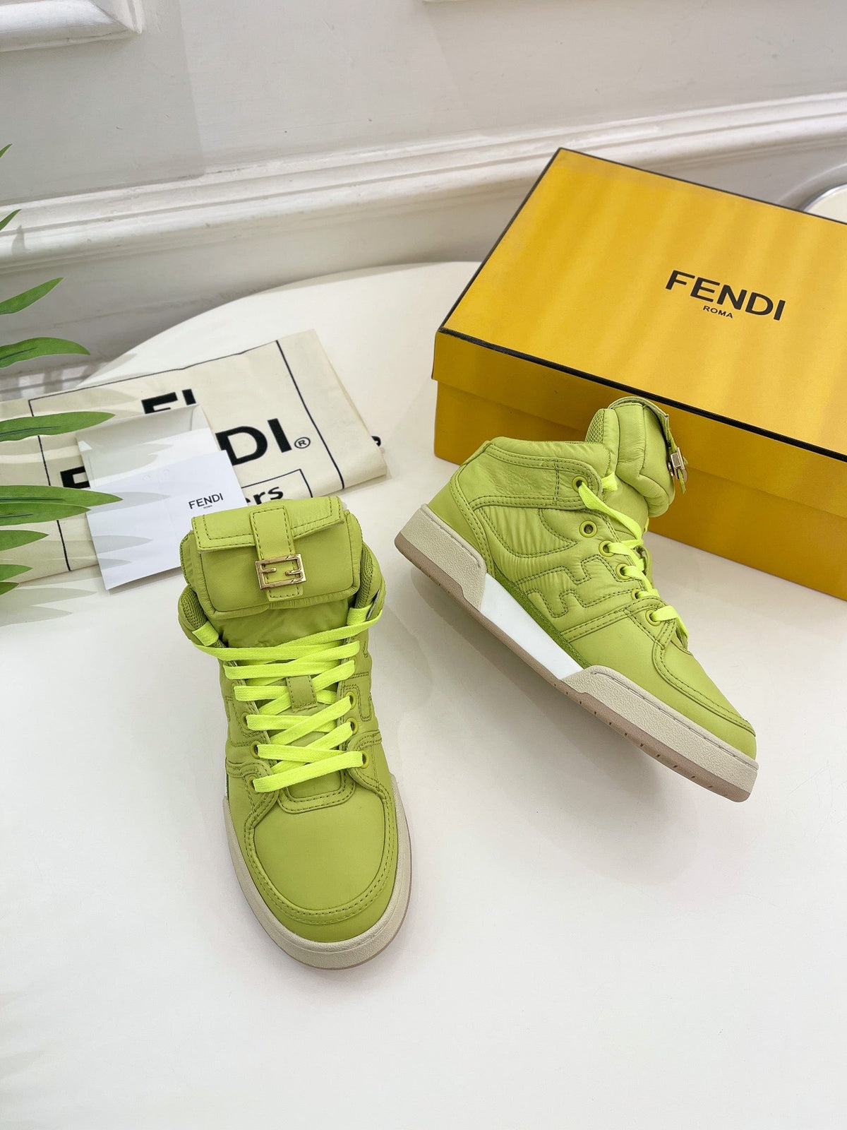 FENDI LOGO SOCK SNEAKER BOOTS IN YELLOWISH GREEN LAMBSKIN