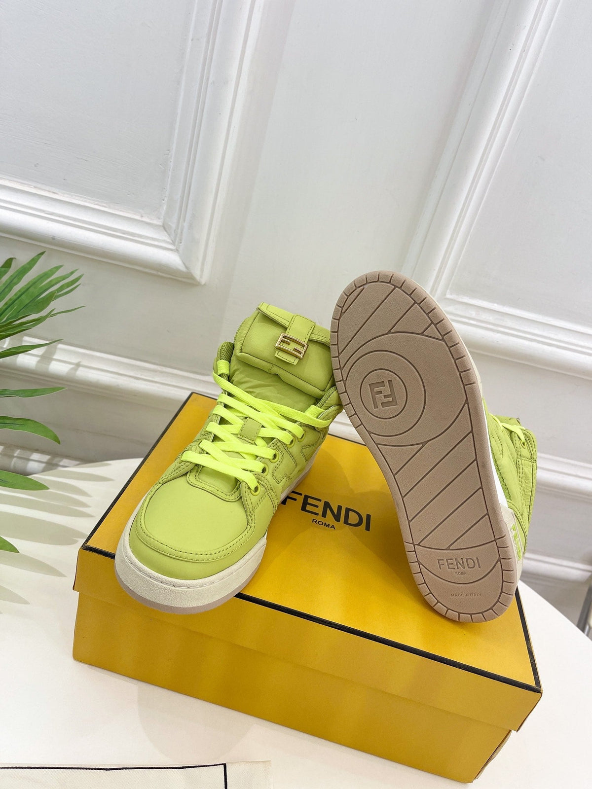 FENDI LOGO SOCK SNEAKER BOOTS IN YELLOWISH GREEN LAMBSKIN