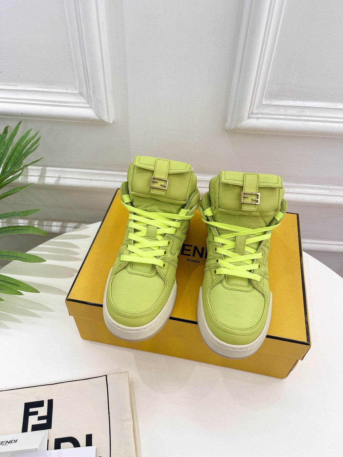 FENDI LOGO SOCK SNEAKER BOOTS IN YELLOWISH GREEN LAMBSKIN
