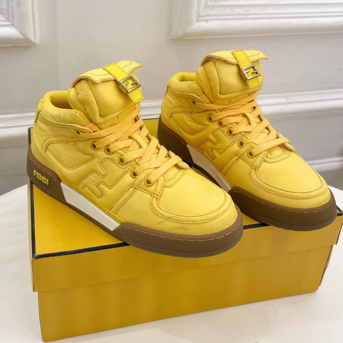 FENDI LOGO SOCK SNEAKER BOOTS IN CORN YELLOW LAMBSKIN