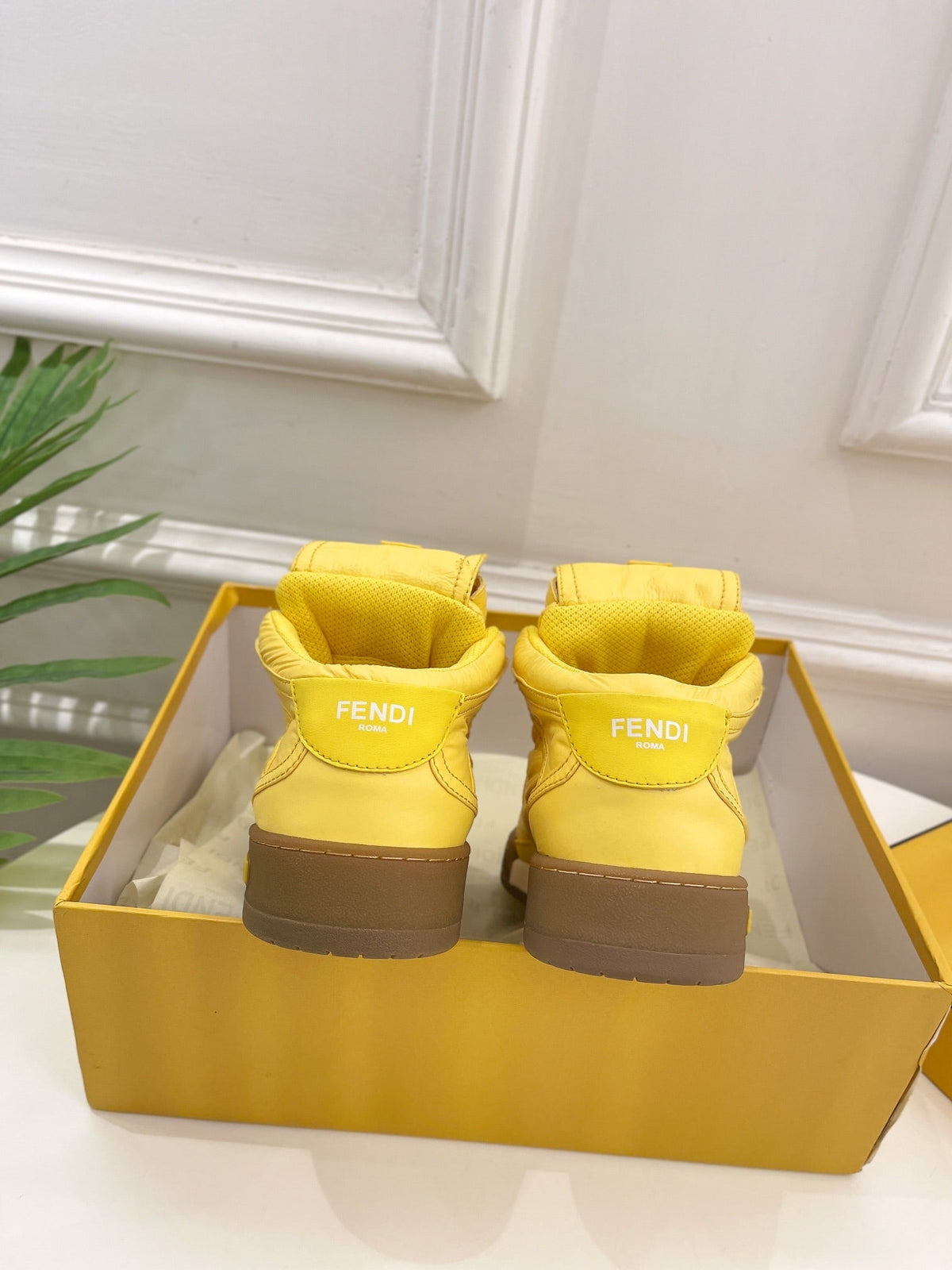FENDI LOGO SOCK SNEAKER BOOTS IN CORN YELLOW LAMBSKIN