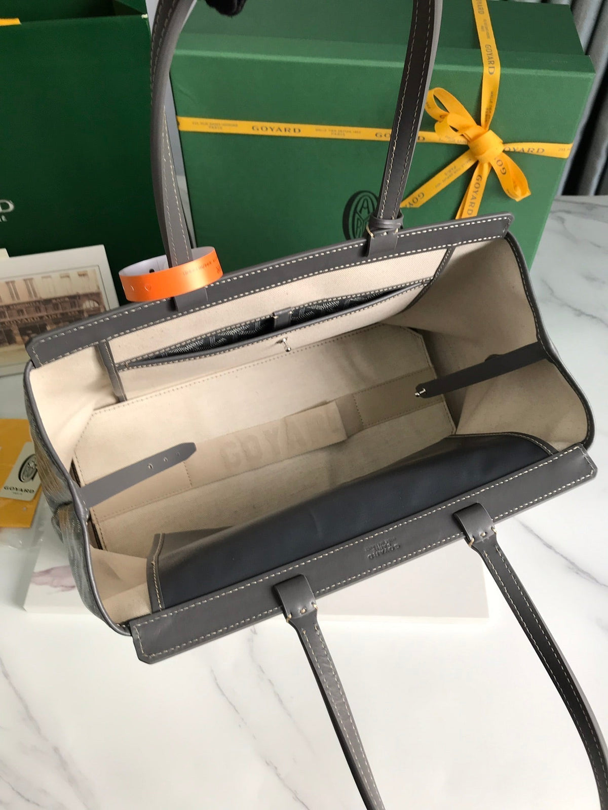 BELLECHASSE BIAUDE PM BAG 36 IN GRAY GOYARDINE CANVAS AND CALFSKIN TRIM