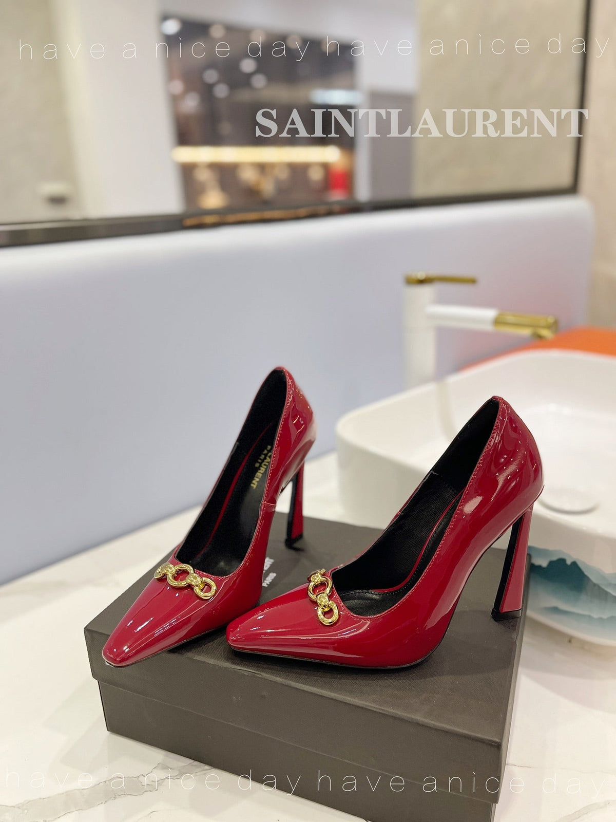SL SILVANA CHAIN PUMPS GLOSSY RED CALFSKIN