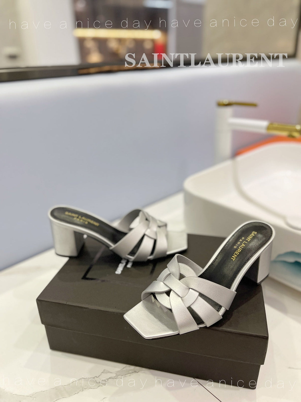 SL TRIBUTE MULES SILVER CALFSKIN