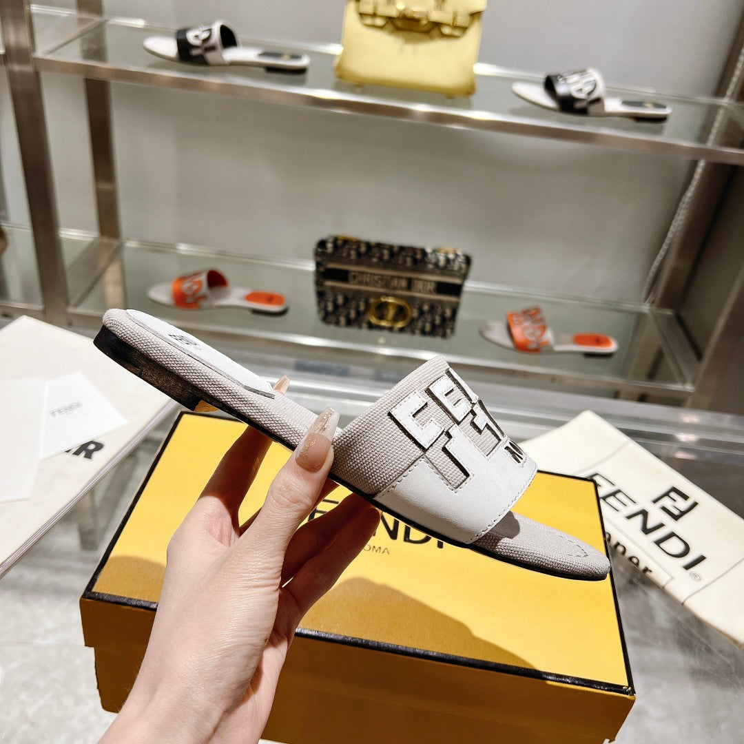 FF Women Roma Signature White Grey Canvas Leather Slide