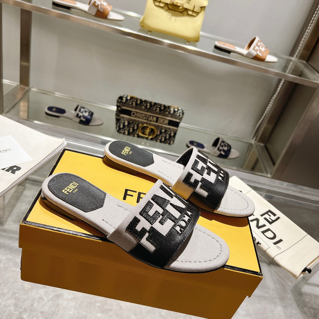 FF Women Roma Signature Black Grey Canvas Leather Slide