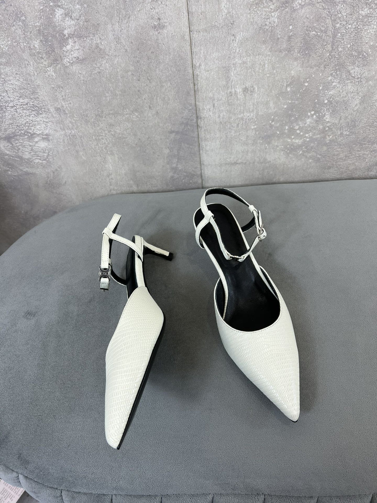 cl kitten with strap 45 white lizard stamped calfskin