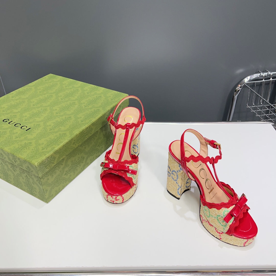 GG Platform Black Heel 105 Sandal Red Calfskin Beige Raffia