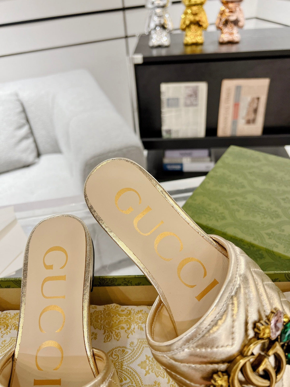 GG SPARKLE CRYSTAL SLIDE SANDAL METALLIC GOLD CALFSKIN