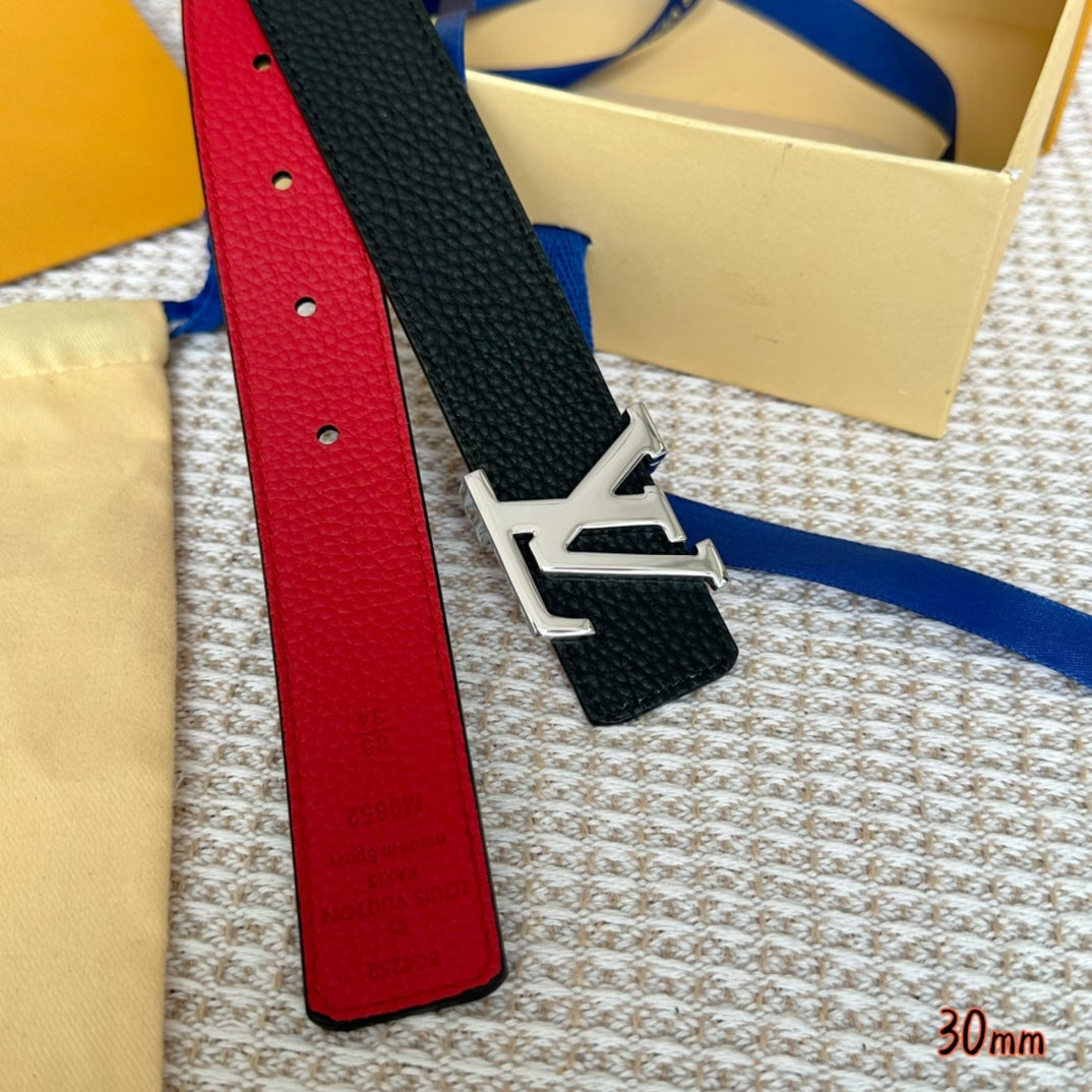 LV Initiales 30mm Reversible Belt Silver Buckle Red Black Leather