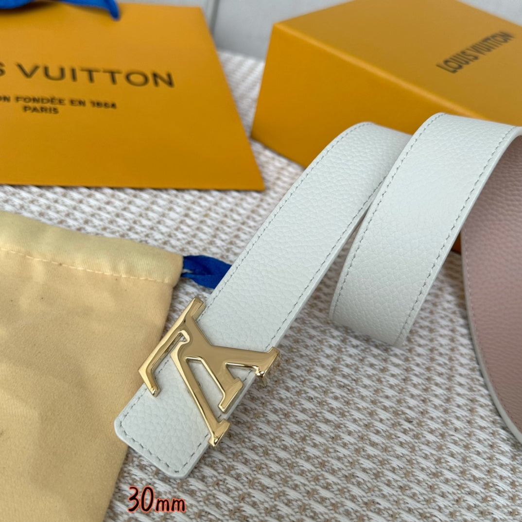 LV Initiales 30mm Reversible Belt Gold Buckle Pink White Leather