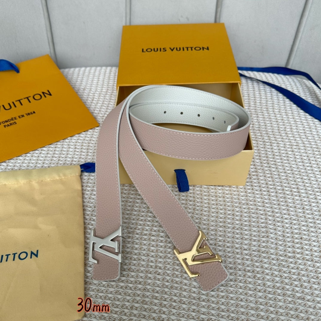 LV Initiales 30mm Reversible Belt Gold Buckle Pink White Leather