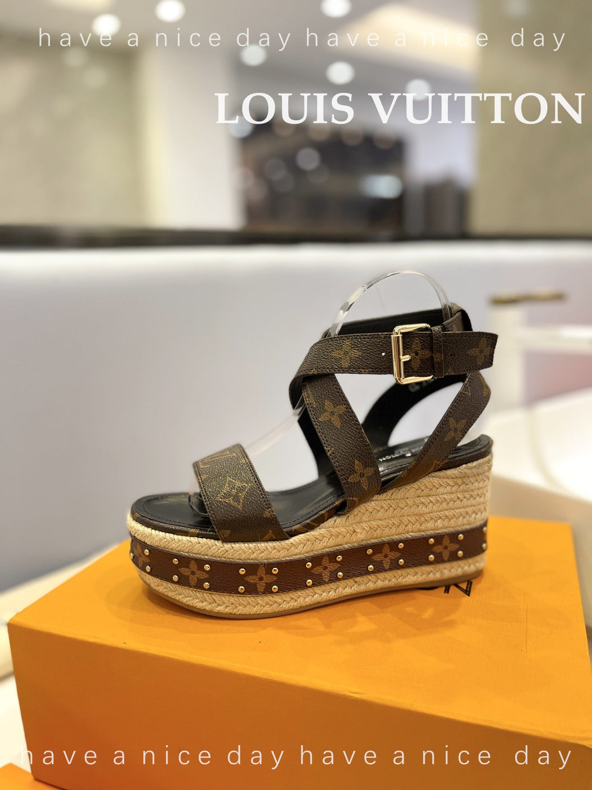 LV Straw Platform Sandals 100mm Dark Brown Monogram Cowhide