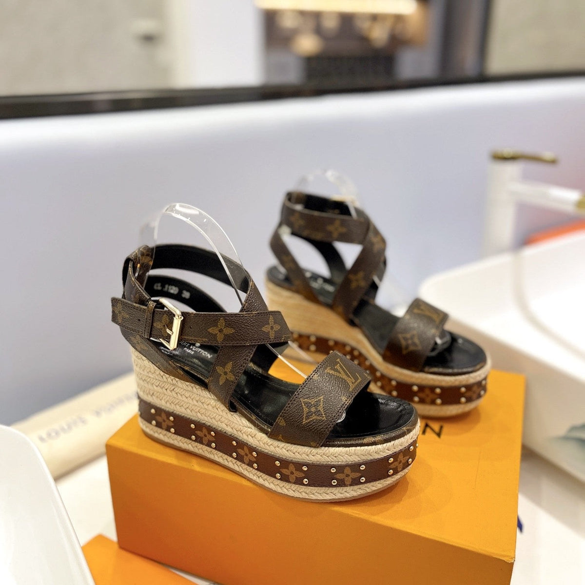 LV Straw Platform Sandals 100mm Dark Brown Monogram Cowhide