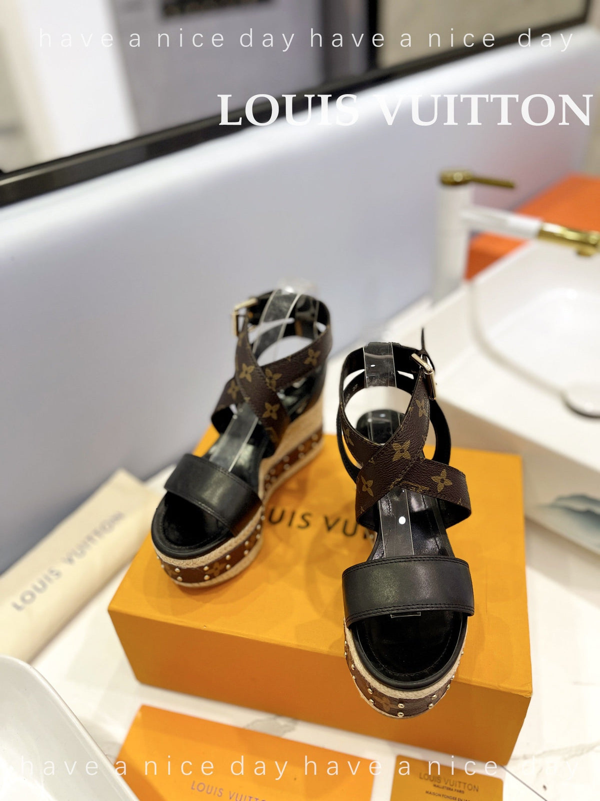 LV Straw Platform Sandals 100mm Brown Black Monogram Cowhide