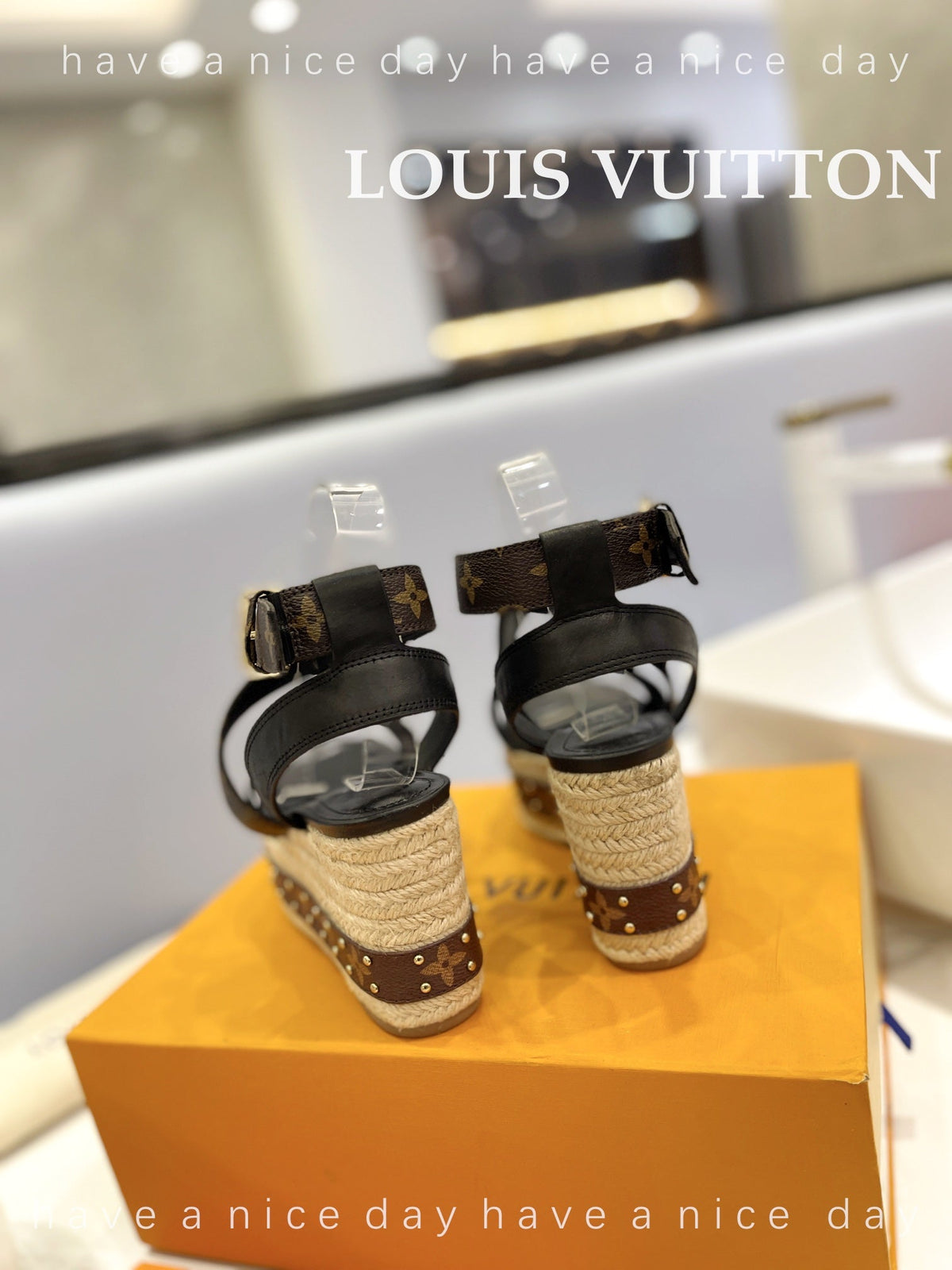 LV Straw Platform Sandals 100mm Brown Black Monogram Cowhide