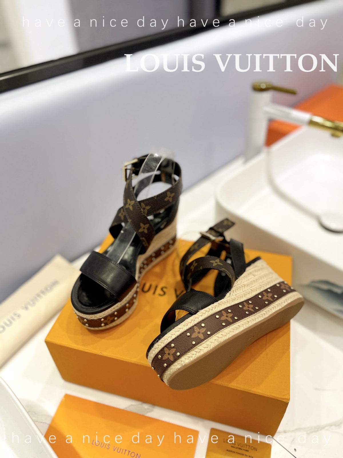 LV Straw Platform Sandals 100mm Brown Black Monogram Cowhide