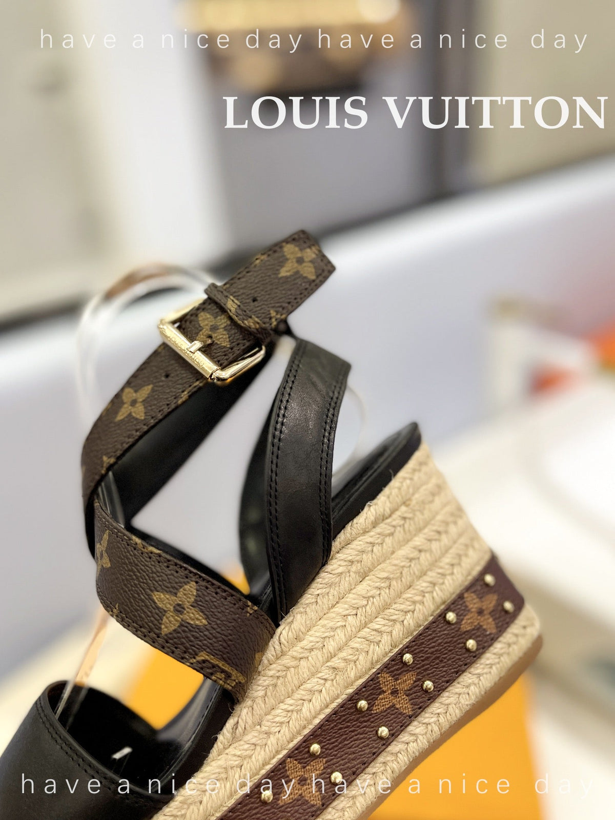 LV Straw Platform Sandals 100mm Brown Black Monogram Cowhide