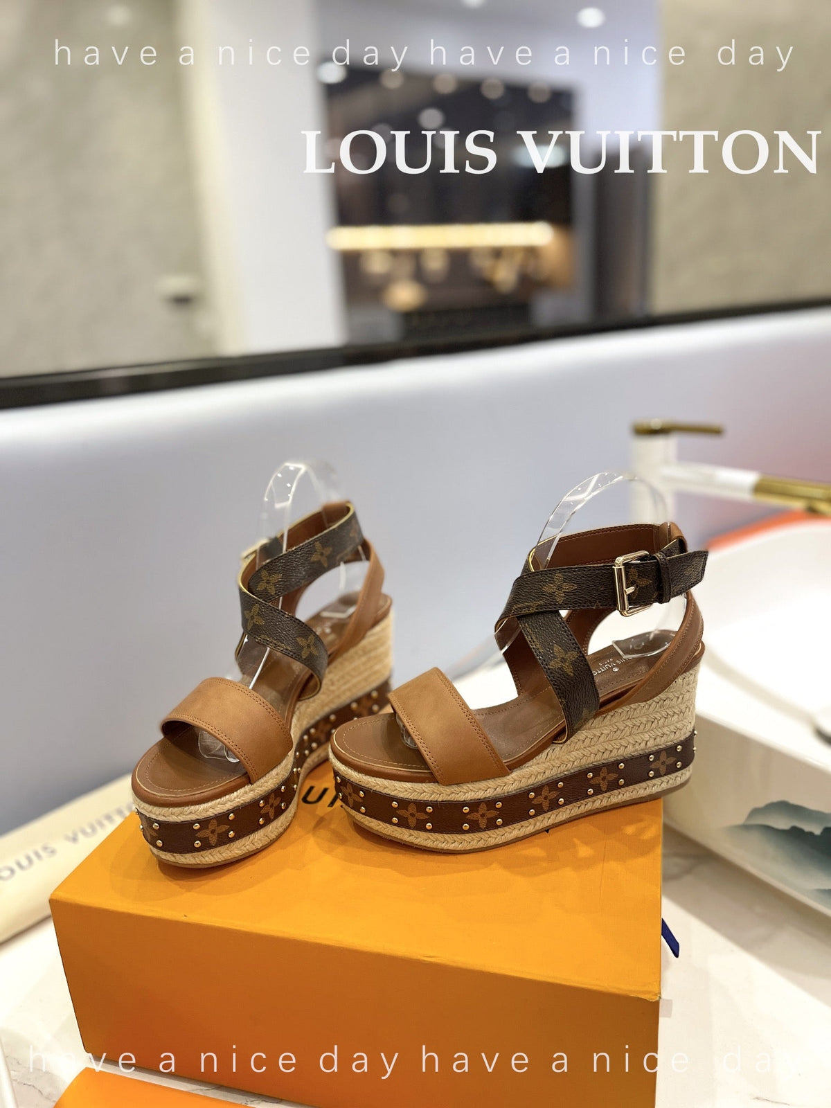 LV Straw Platform Sandals 100mm Brown Yellow Monogram Cowhide