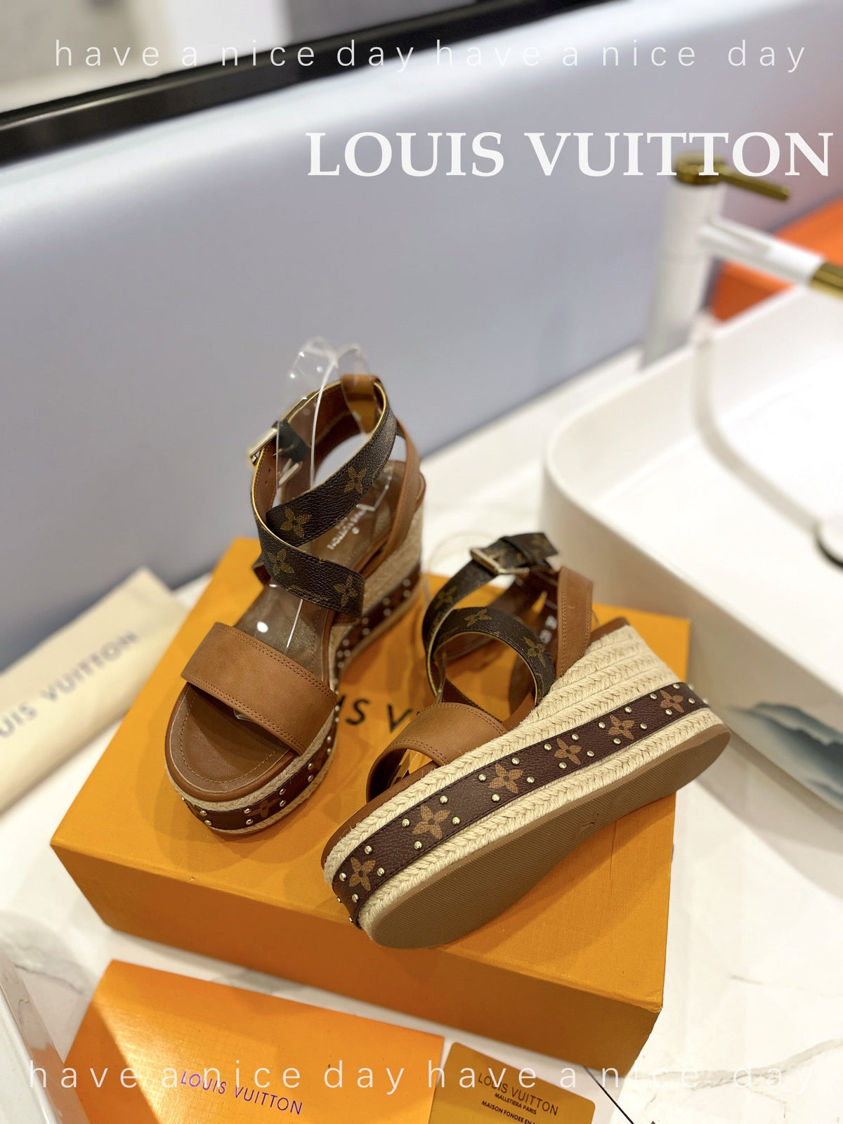 LV Straw Platform Sandals 100mm Brown Yellow Monogram Cowhide