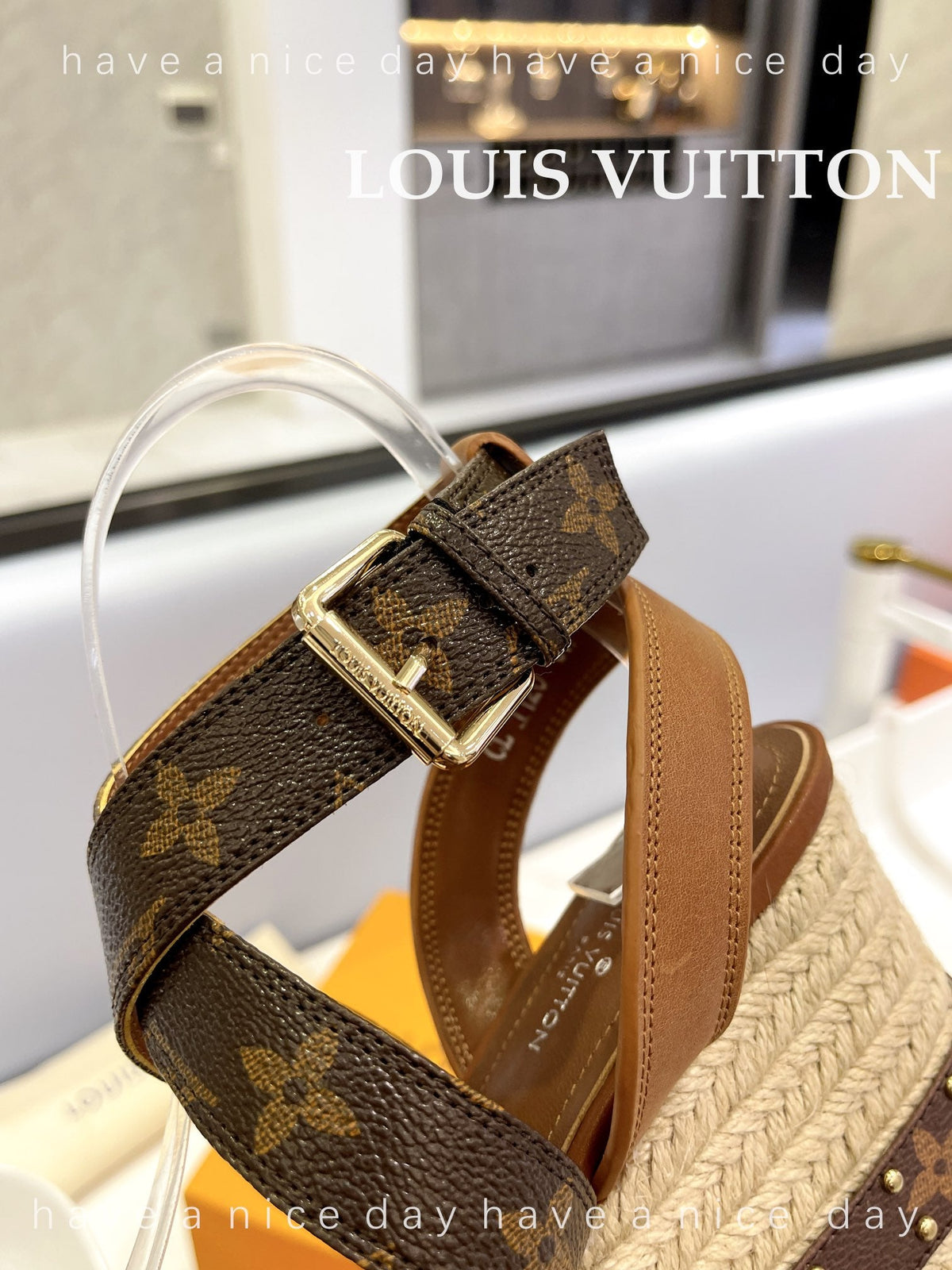 LV Straw Platform Sandals 100mm Brown Yellow Monogram Cowhide
