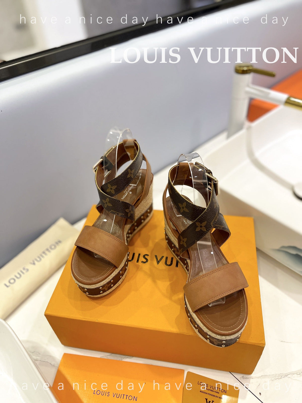 LV Straw Platform Sandals 100mm Brown Yellow Monogram Cowhide