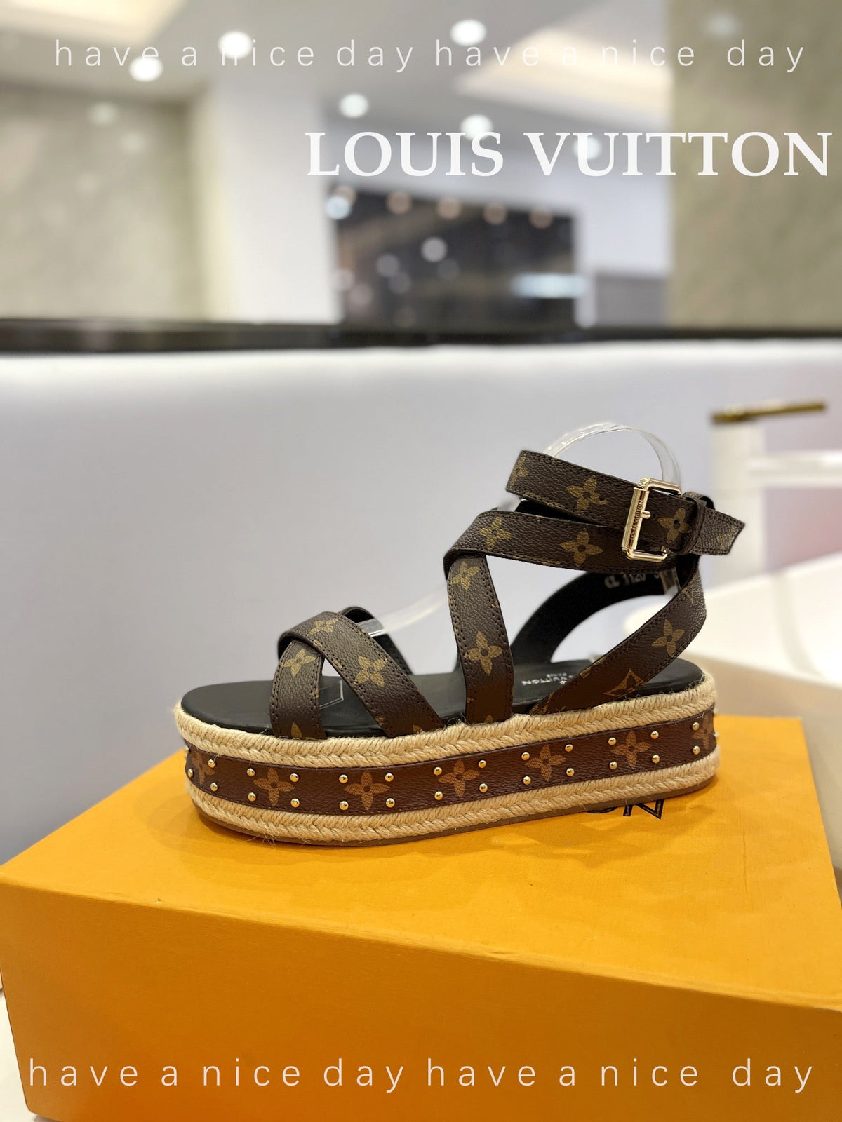 LV Straw Platform Sandals 80mm Dark Brown Monogram Cowhide