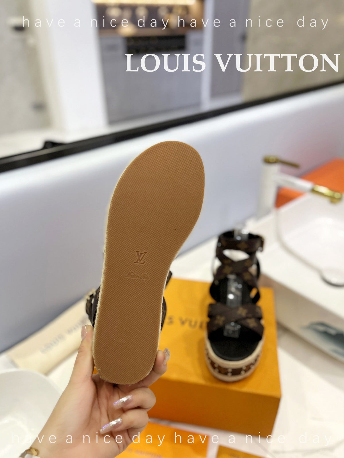LV Straw Platform Sandals 80mm Dark Brown Monogram Cowhide