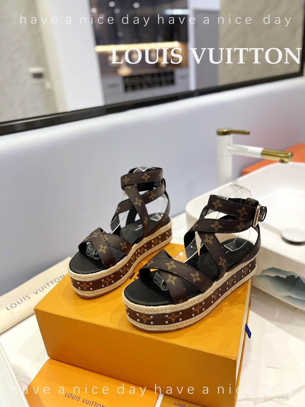 LV Straw Platform Sandals 80mm Dark Brown Monogram Cowhide