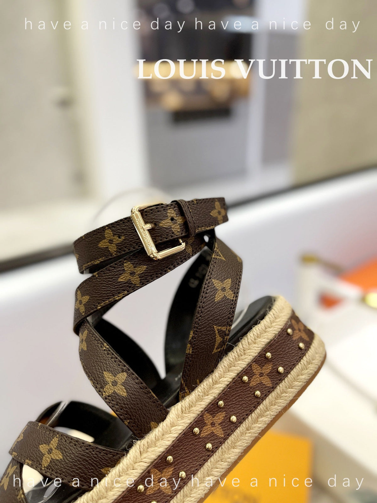 LV Straw Platform Sandals 80mm Dark Brown Monogram Cowhide